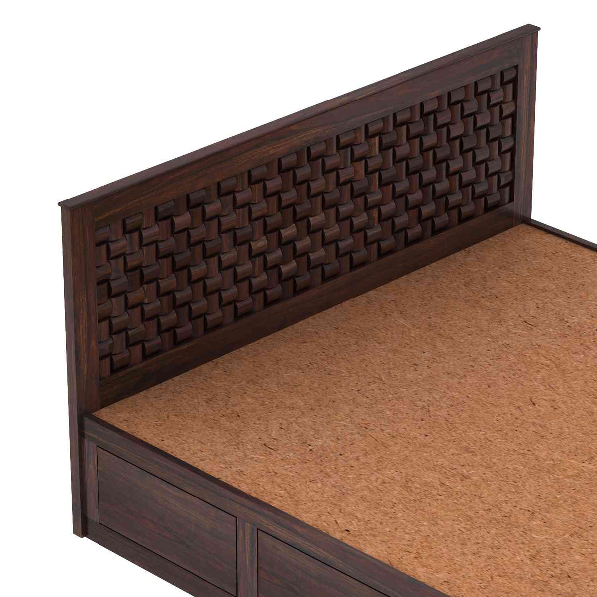 Olivia Solid Sheesham Wood Hydraulic Bed With Box Storage (Queen Size, Walnut Finish)