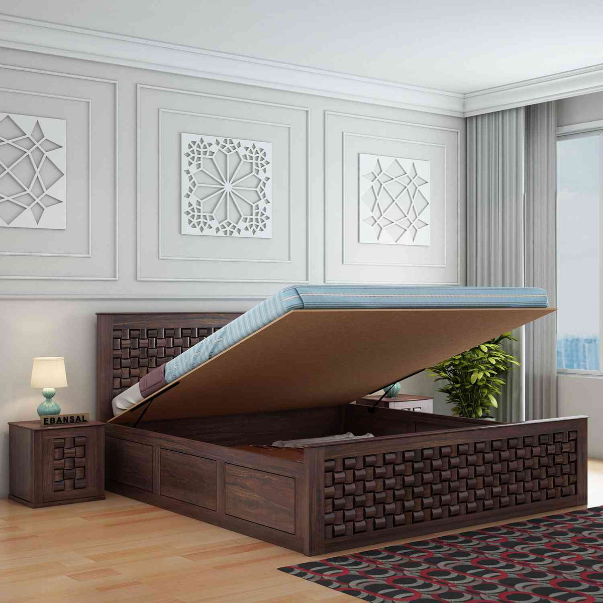 Olivia Solid Sheesham Wood Hydraulic Bed With Box Storage (Queen Size, Walnut Finish)