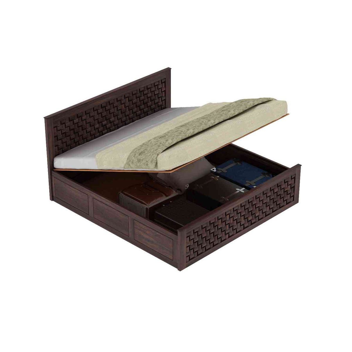 Olivia Solid Sheesham Wood Hydraulic Bed With Box Storage (Queen Size, Walnut Finish)
