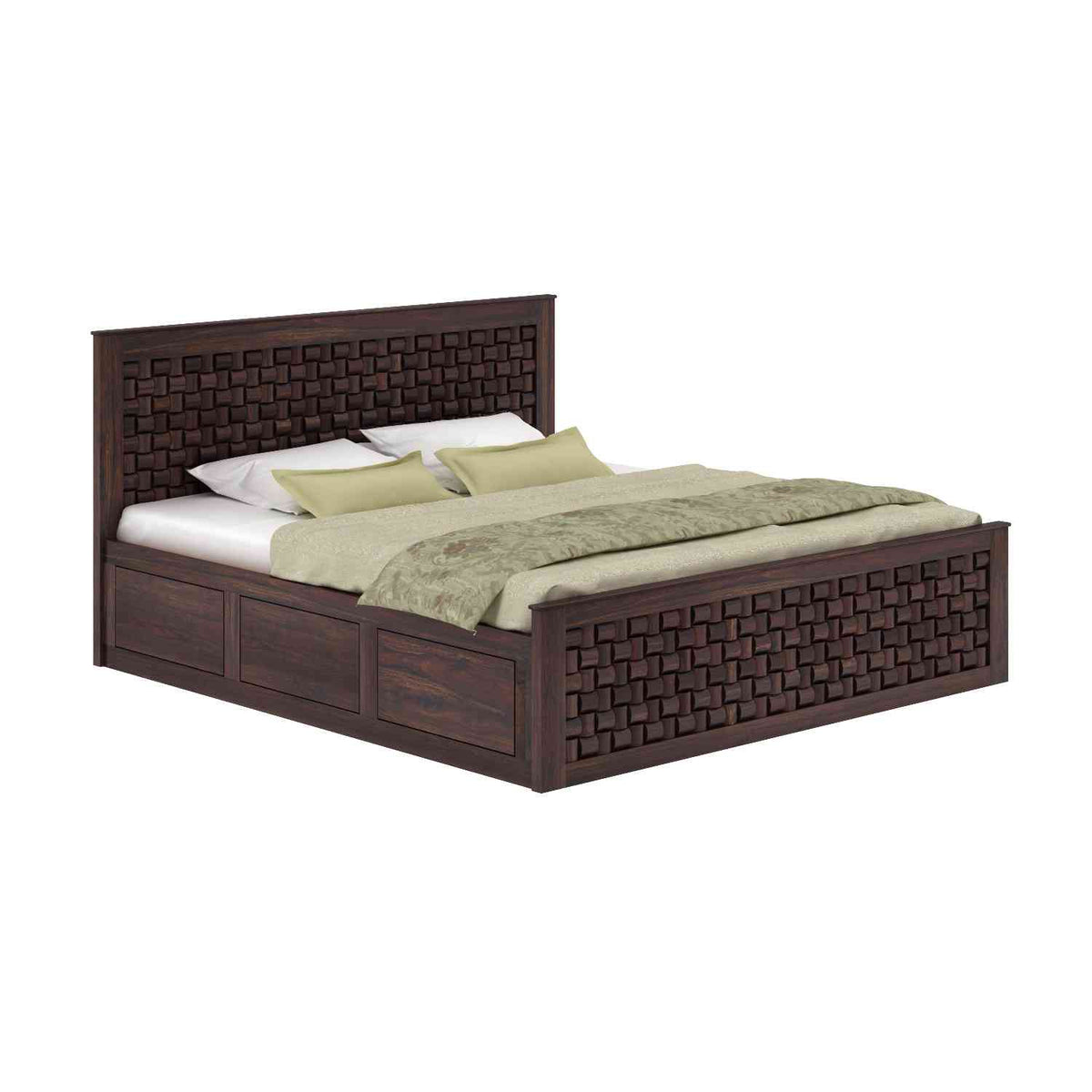 Olivia Solid Sheesham Wood Hydraulic Bed With Box Storage (Queen Size, Walnut Finish)