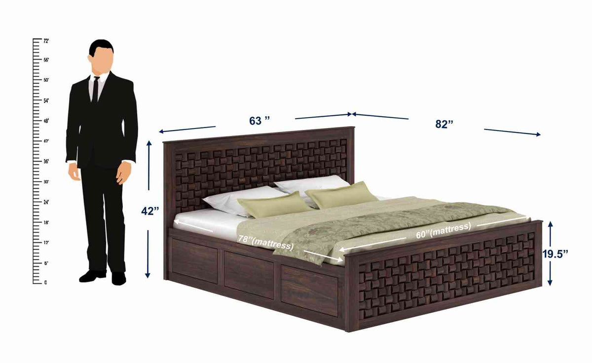 Olivia Solid Sheesham Wood Hydraulic Bed With Box Storage (Queen Size, Walnut Finish)