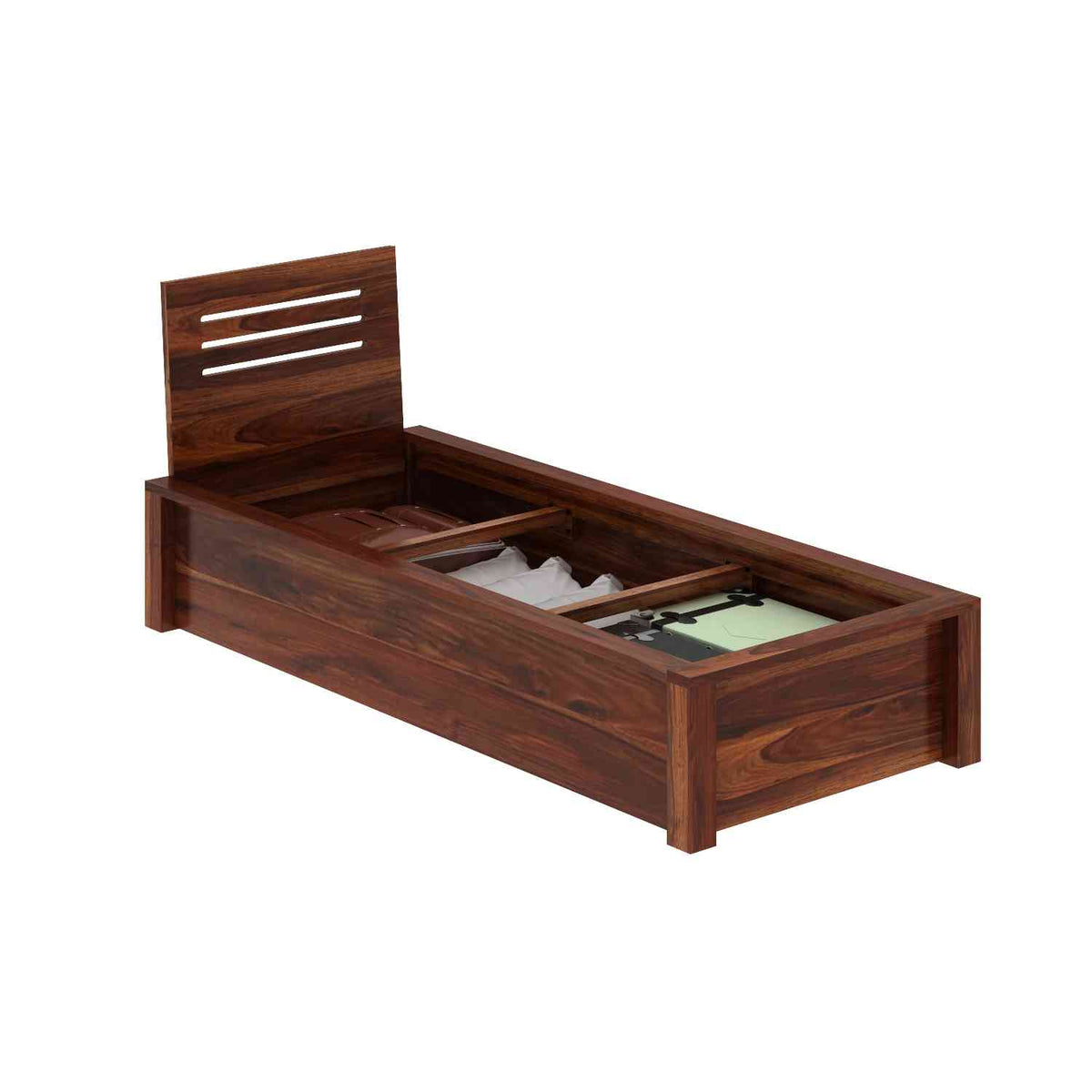 Due Solid Sheesham Wood Single Bed With Box Storage (Natural Finish)