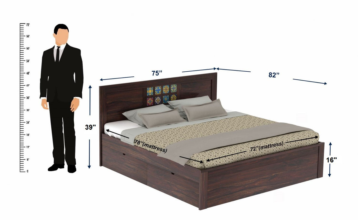 Dotwork Solid Sheesham Wood Bed With Four Drawers (King Size, Walnut Finish)