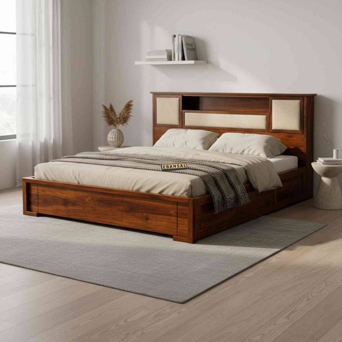 Feelinn Solid Sheesham Wood Bed With Box Storage (Queen Size, Natural Finish)