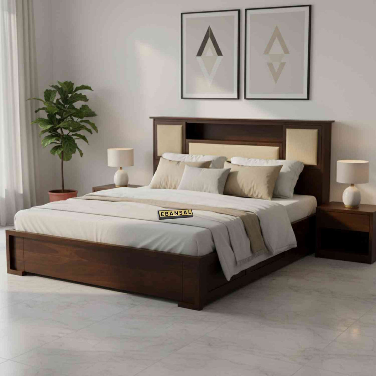 Feelinn Solid Sheesham Wood Bed With Box Storage (Queen Size, Walnut Finish)