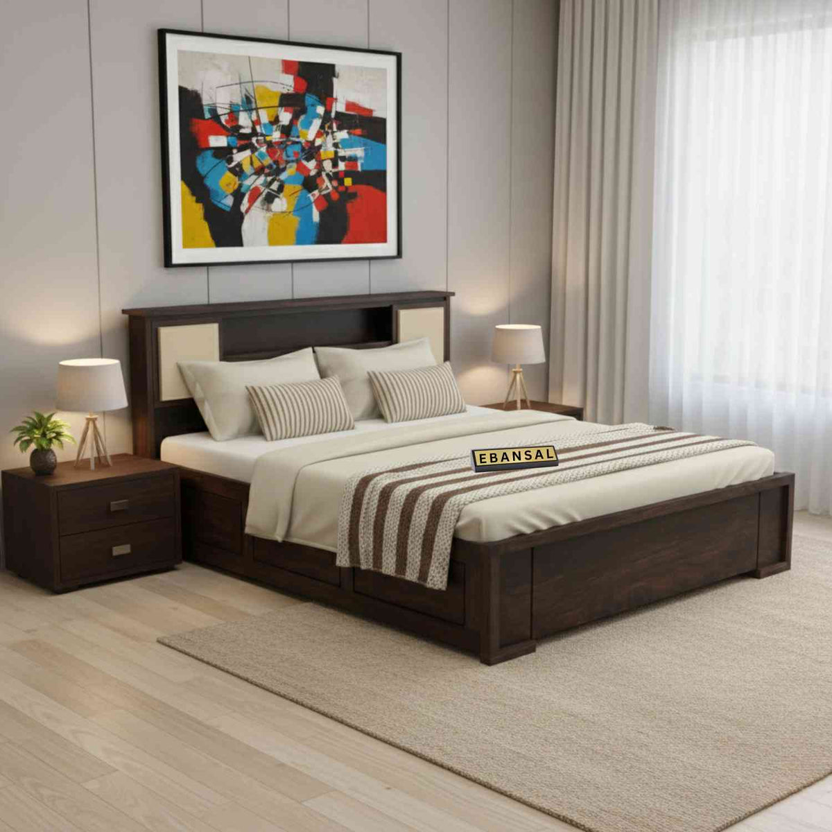 Feelinn Solid Sheesham Wood Hydraulic Bed With Box Storage (King Size, Walnut Finish)