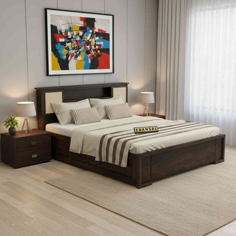 Feelinn Solid Sheesham Wood Hydraulic Bed With Box Storage (Queen Size, Walnut Finish)