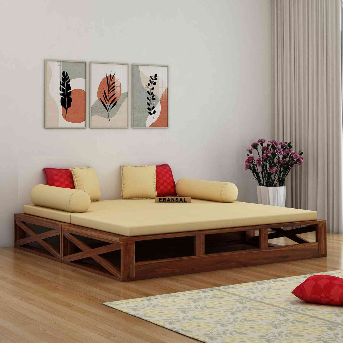 Mobell Solid Sheesham Wood Divan Cum Bed With Mattress (Natural Finish)