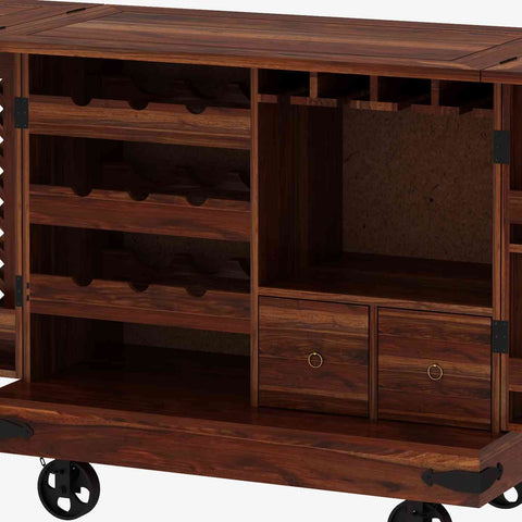 Monstro Solid Sheesham Wood Bar Trolley (Natural Finish)