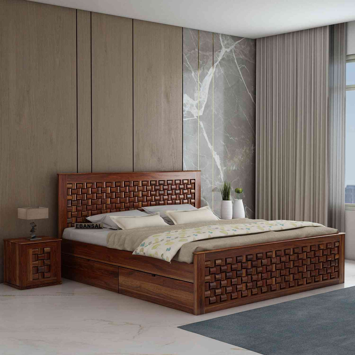 Olivia Solid Sheesham Wood Bed With Four Drawers (Queen Size, Natural Finish)