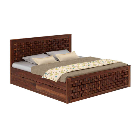 Olivia Solid Sheesham Wood Bed With Four Drawers (Queen Size, Natural Finish)