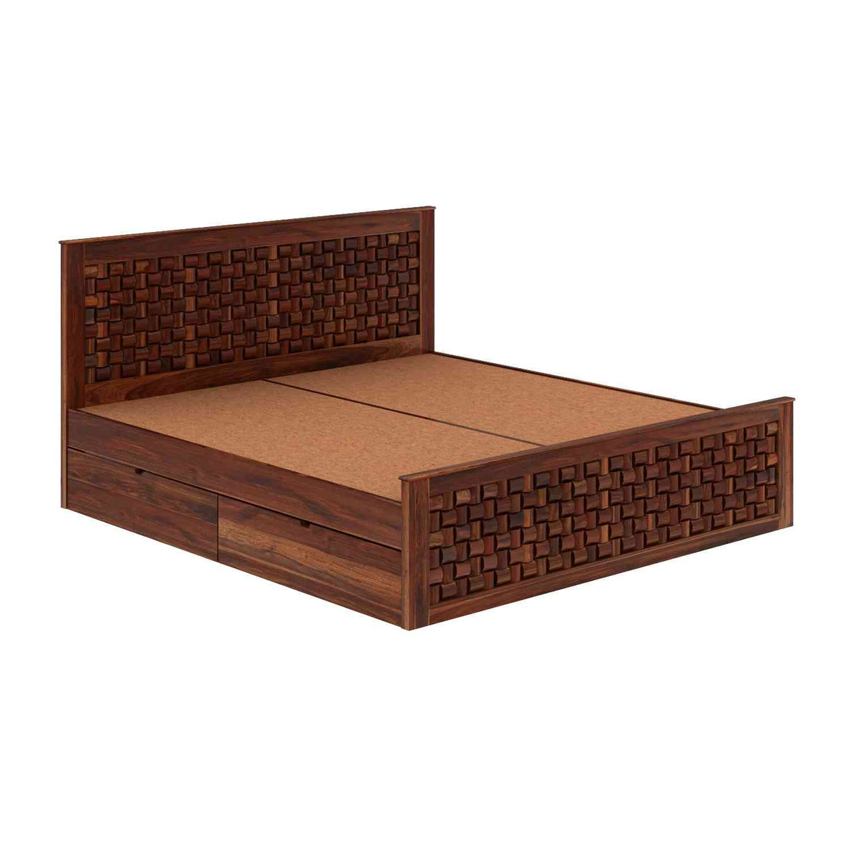 Olivia Solid Sheesham Wood Bed With Four Drawers (Queen Size, Natural Finish)