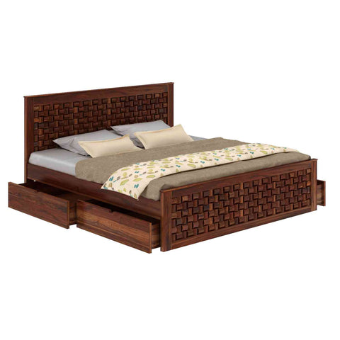 Olivia Solid Sheesham Wood Bed With Four Drawers (Queen Size, Natural Finish)