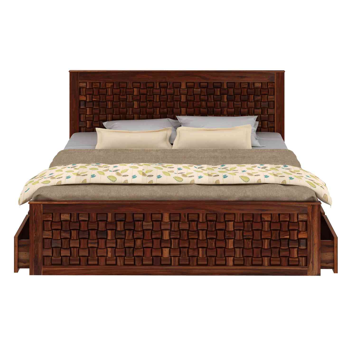 Olivia Solid Sheesham Wood Bed With Four Drawers (Queen Size, Natural Finish)