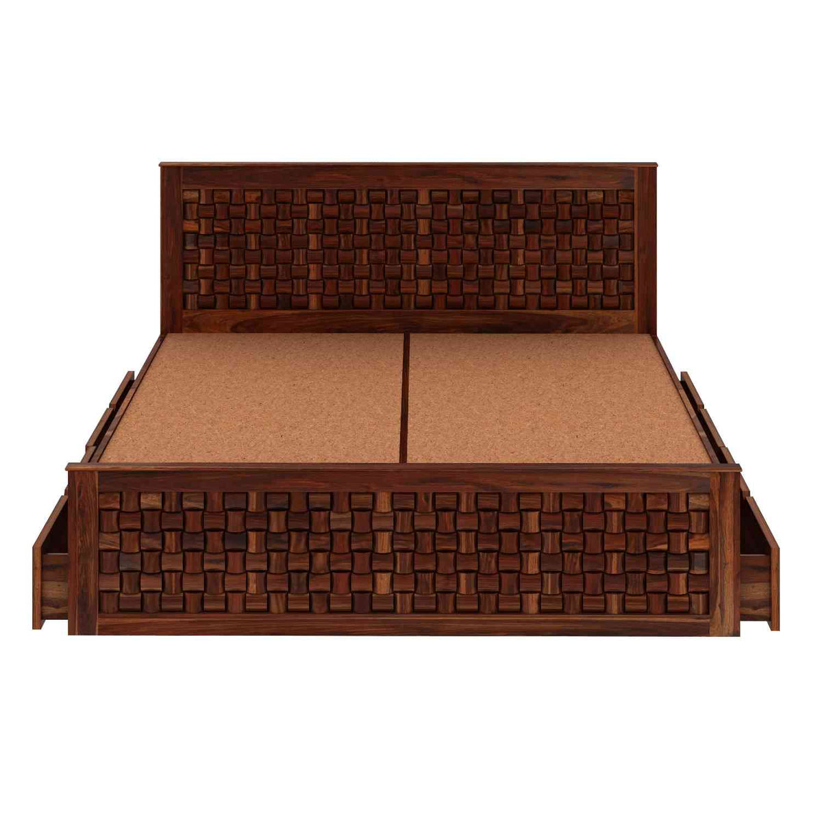 Olivia Solid Sheesham Wood Bed With Four Drawers (Queen Size, Natural Finish)