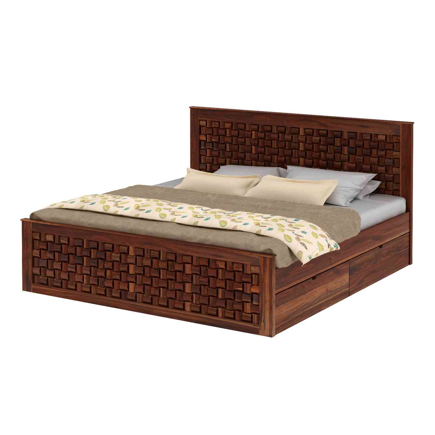 Olivia Solid Sheesham Wood Bed With Four Drawers (King Size, Natural Finish)