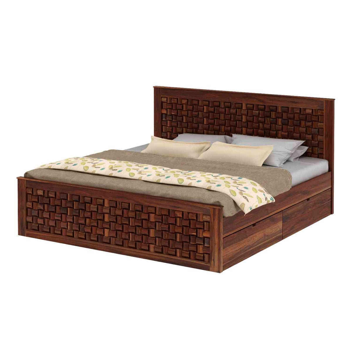 Olivia Solid Sheesham Wood Bed With Four Drawers (Queen Size, Natural Finish)