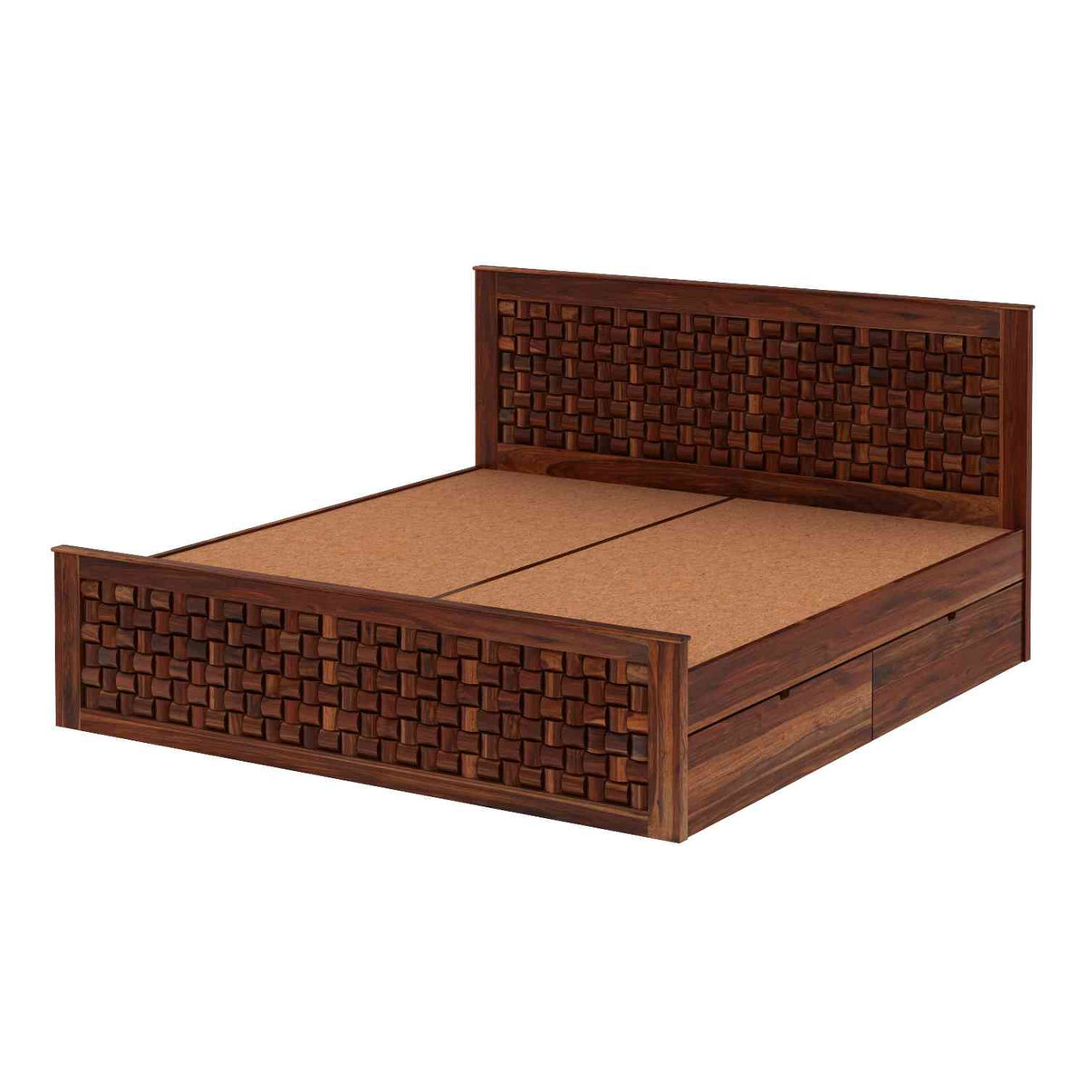 Olivia Solid Sheesham Wood Bed With Four Drawers (King Size, Natural Finish)
