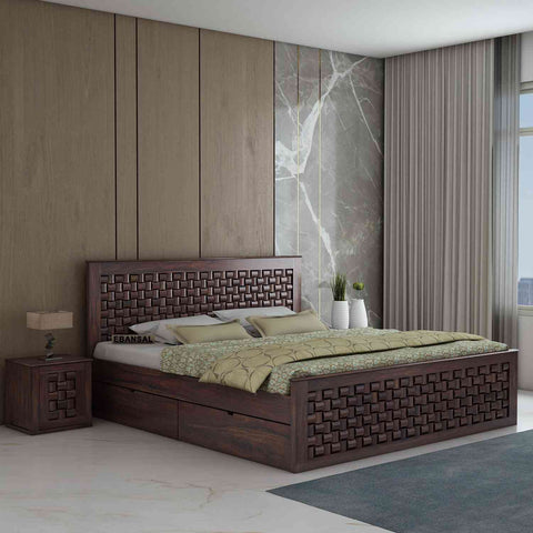 Olivia Solid Sheesham Wood Bed With Four Drawers (Queen Size, Walnut Finish)