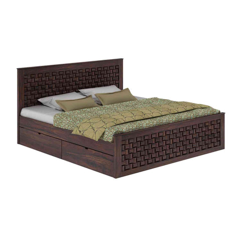 Olivia Solid Sheesham Wood Bed With Four Drawers (Queen Size, Walnut Finish)
