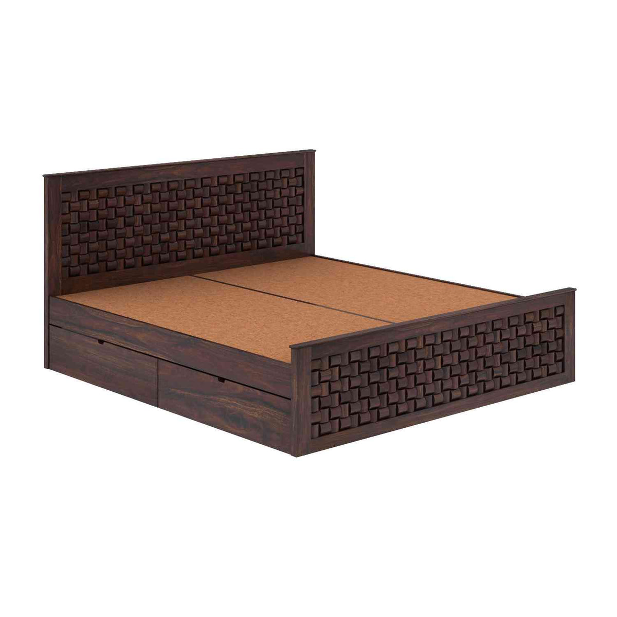 Olivia Solid Sheesham Wood Bed With Four Drawers (Queen Size, Walnut Finish)
