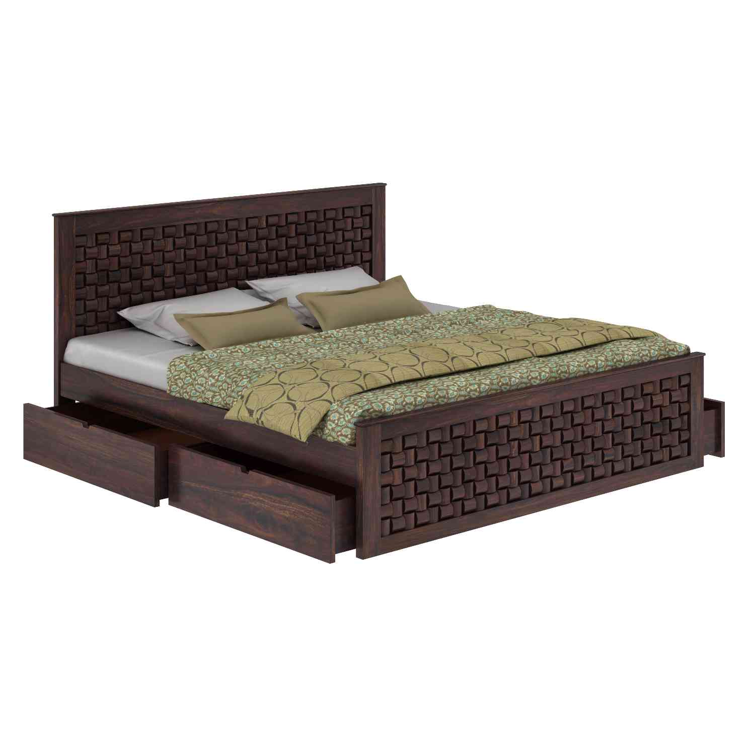 Olivia Solid Sheesham Wood Bed With Four Drawers (Queen Size, Walnut Finish)
