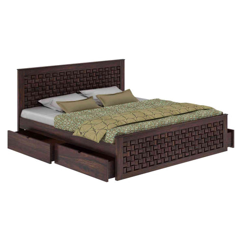 Olivia Solid Sheesham Wood Bed With Four Drawers (King Size, Walnut Finish)