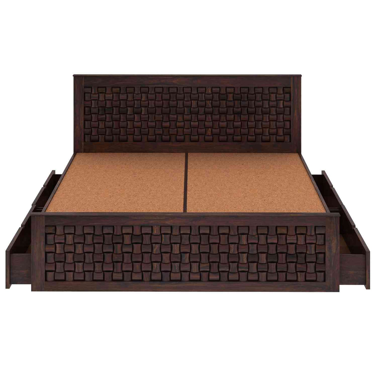 Olivia Solid Sheesham Wood Bed With Four Drawers (Queen Size, Walnut Finish)