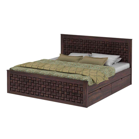 Olivia Solid Sheesham Wood Bed With Four Drawers (King Size, Walnut Finish)