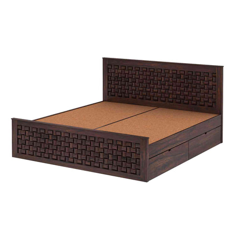 Olivia Solid Sheesham Wood Bed With Four Drawers (Queen Size, Walnut Finish)