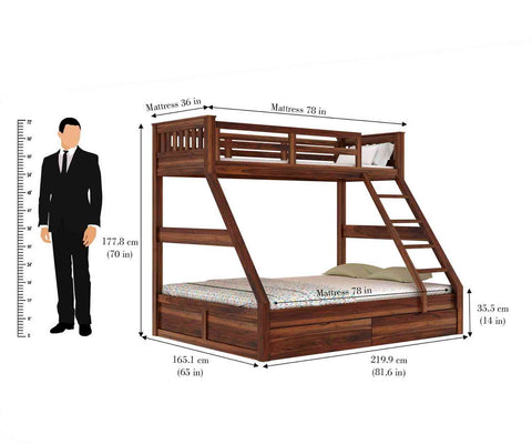 Essen Solid Sheesham Wood Bunk Bed With Two Drawers (Natural Finish)