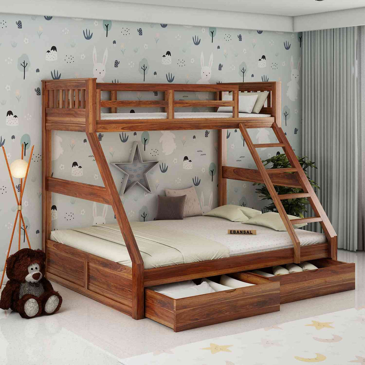 Essen Solid Sheesham Wood Bunk Bed With Two Drawers (Natural Finish)