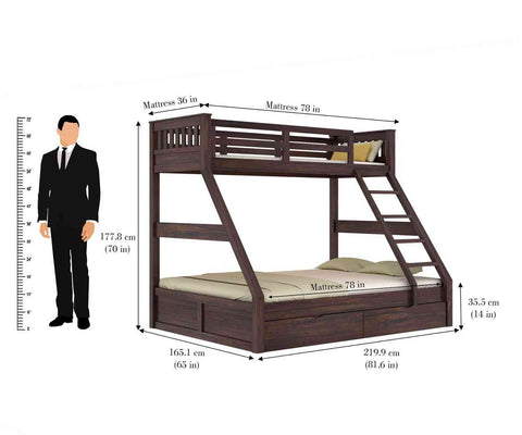 Essen Solid Sheesham Wood Bunk Bed With Two Drawers (Walnut Finish)