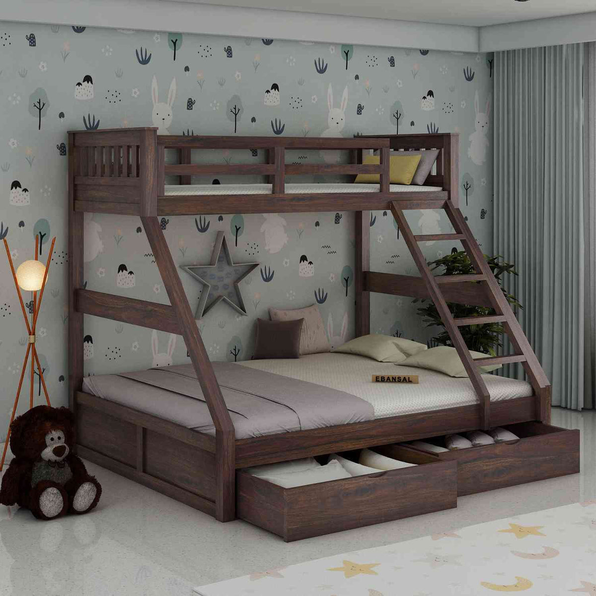 Essen Solid Sheesham Wood Bunk Bed With Two Drawers (Walnut Finish)