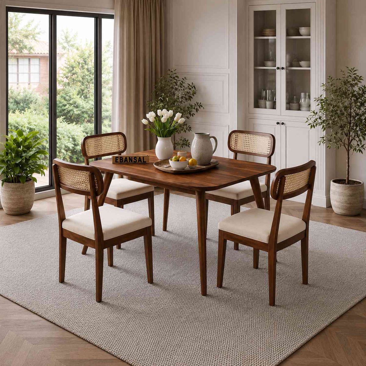 Canejoy Solid Sheesham Wood 4 Seater Dining Set (With Cushion, Natural Finish)