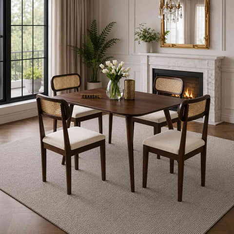 Canejoy Solid Sheesham Wood 4 Seater Dining Set (With Cushion, Walnut Finish)