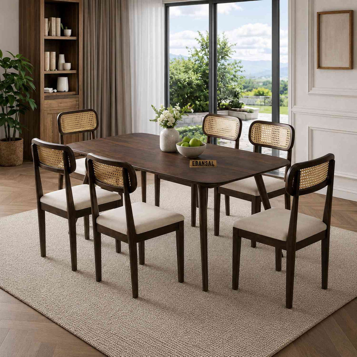 Canejoy Solid Sheesham Wood 6 Seater Dining Set (With Cushion, Walnut Finish)