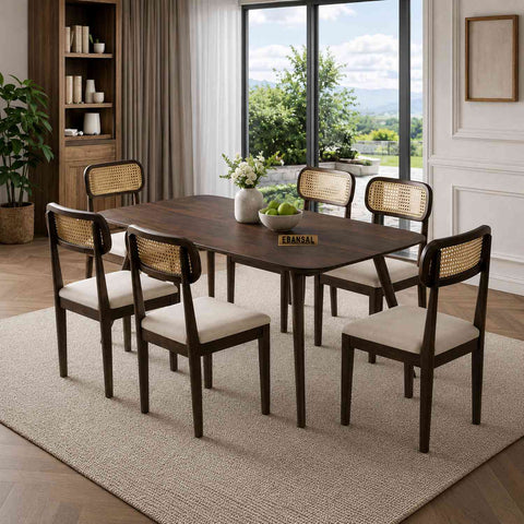Canejoy Solid Sheesham Wood 6 Seater Dining Set (With Cushion, Walnut Finish)