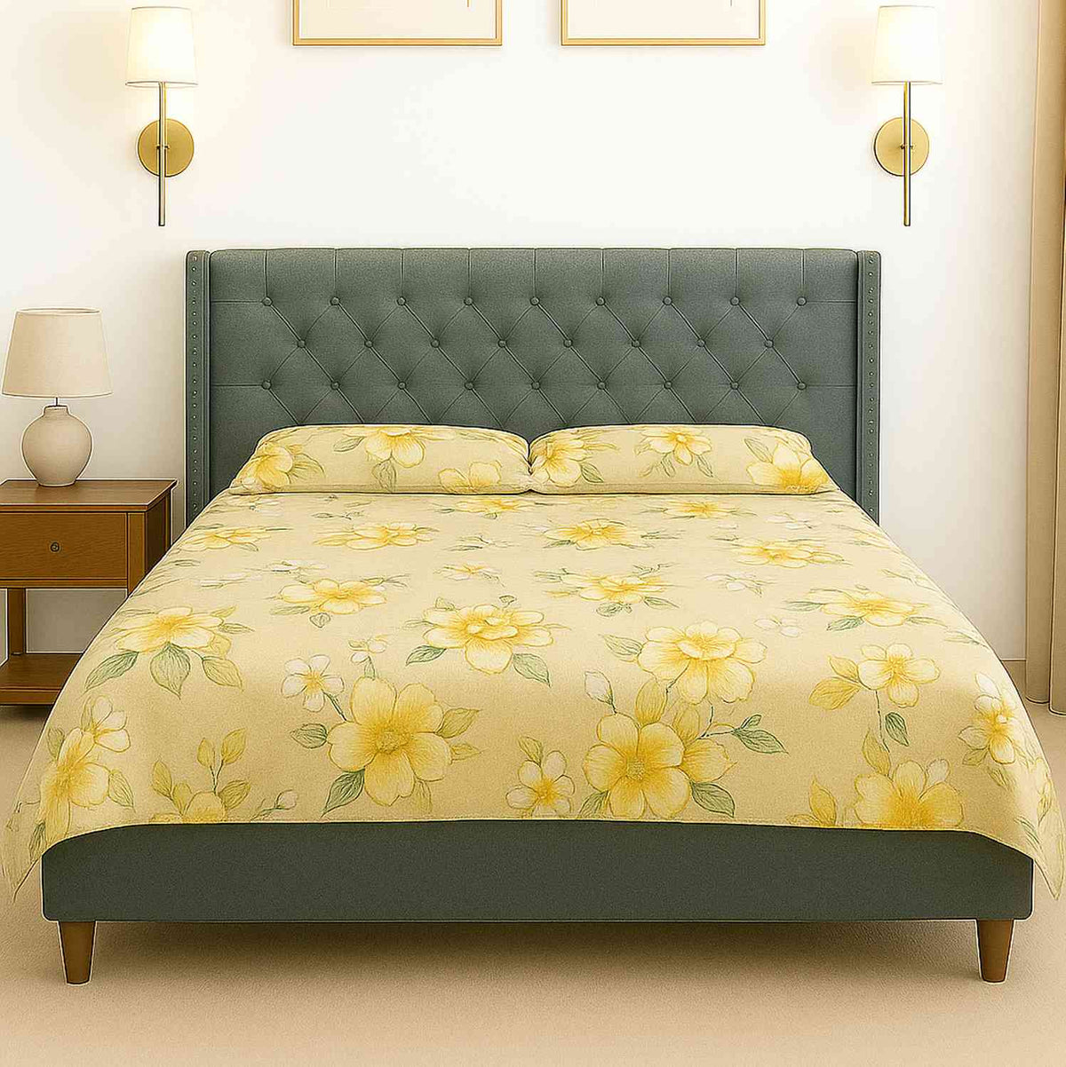 Nova Premium Fabric Bed With Button Tufted Headboard (Queen Size, Light Sage Green)