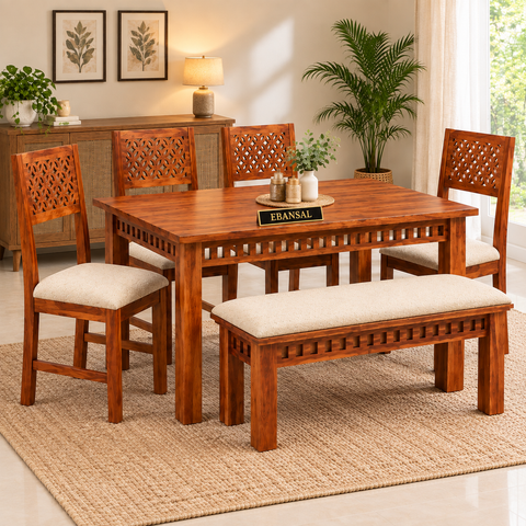 Monstro Solid Sheesham Wood 6 Seater Dining Set With Bench (With Cushion, Natural Finish)