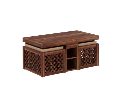 Monstro Solid Sheesham Wood Coffee Table With 2 Stools (Natural Finish)
