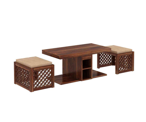 Monstro Solid Sheesham Wood Coffee Table With 2 Stools (Natural Finish)