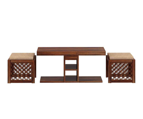 Monstro Solid Sheesham Wood Coffee Table With 2 Stools (Natural Finish)