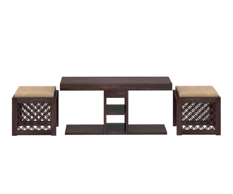 Monstro Solid Sheesham Wood Coffee Table With 2 Stools (Walnut Finish)