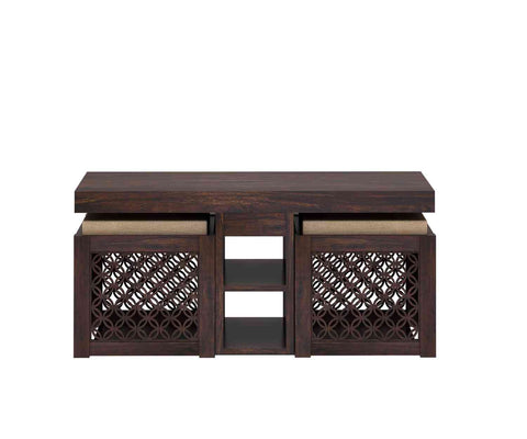 Monstro Solid Sheesham Wood Coffee Table With 2 Stools (Walnut Finish)
