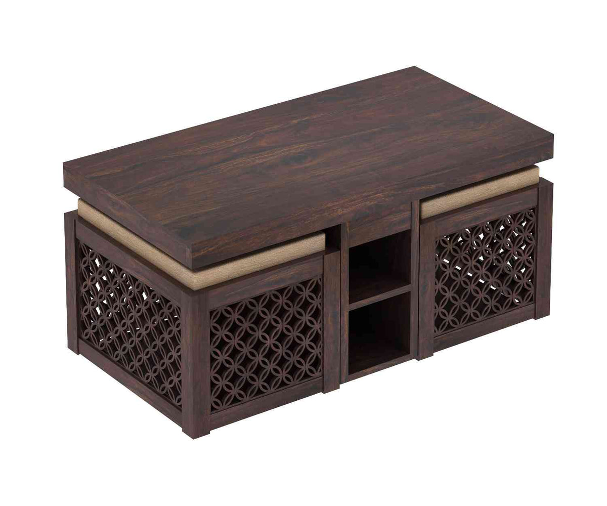 Monstro Solid Sheesham Wood Coffee Table With 2 Stools (Walnut Finish)