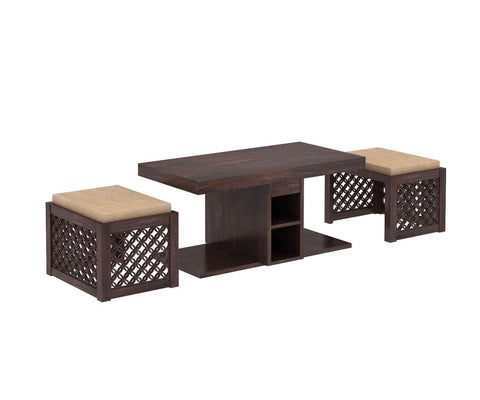 Monstro Solid Sheesham Wood Coffee Table With 2 Stools (Walnut Finish)
