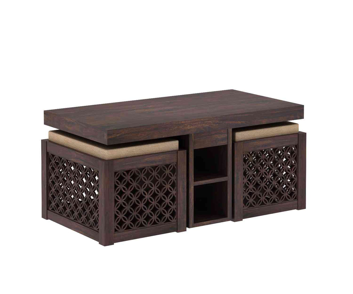 Monstro Solid Sheesham Wood Coffee Table With 2 Stools (Walnut Finish)
