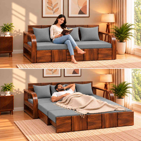 Mobell Solid Sheesham Wood 3 Seater Sofa Cum Bed (Natural Finish, Light Grey)