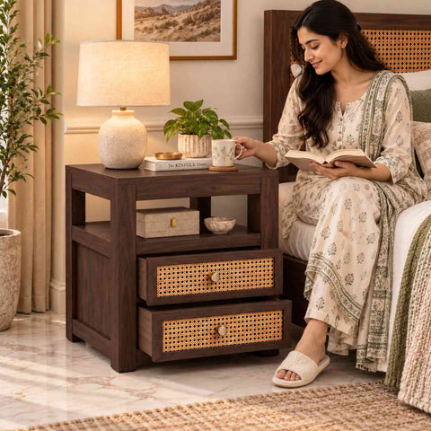 Canejoy Solid Sheesham Wood Bedside Table With 2 Drawers (Walnut Finish)